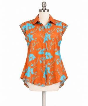 Pixie Lady Women M Orange Turquoise Floral Button Front High Low Blouse NWT